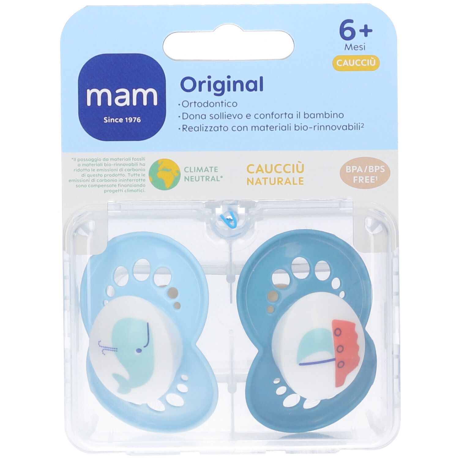 MAM Original Succhietto in Caucciù Bio-Circolare 6+ Mesi Colorazione Maschile 1 pz Succhietti