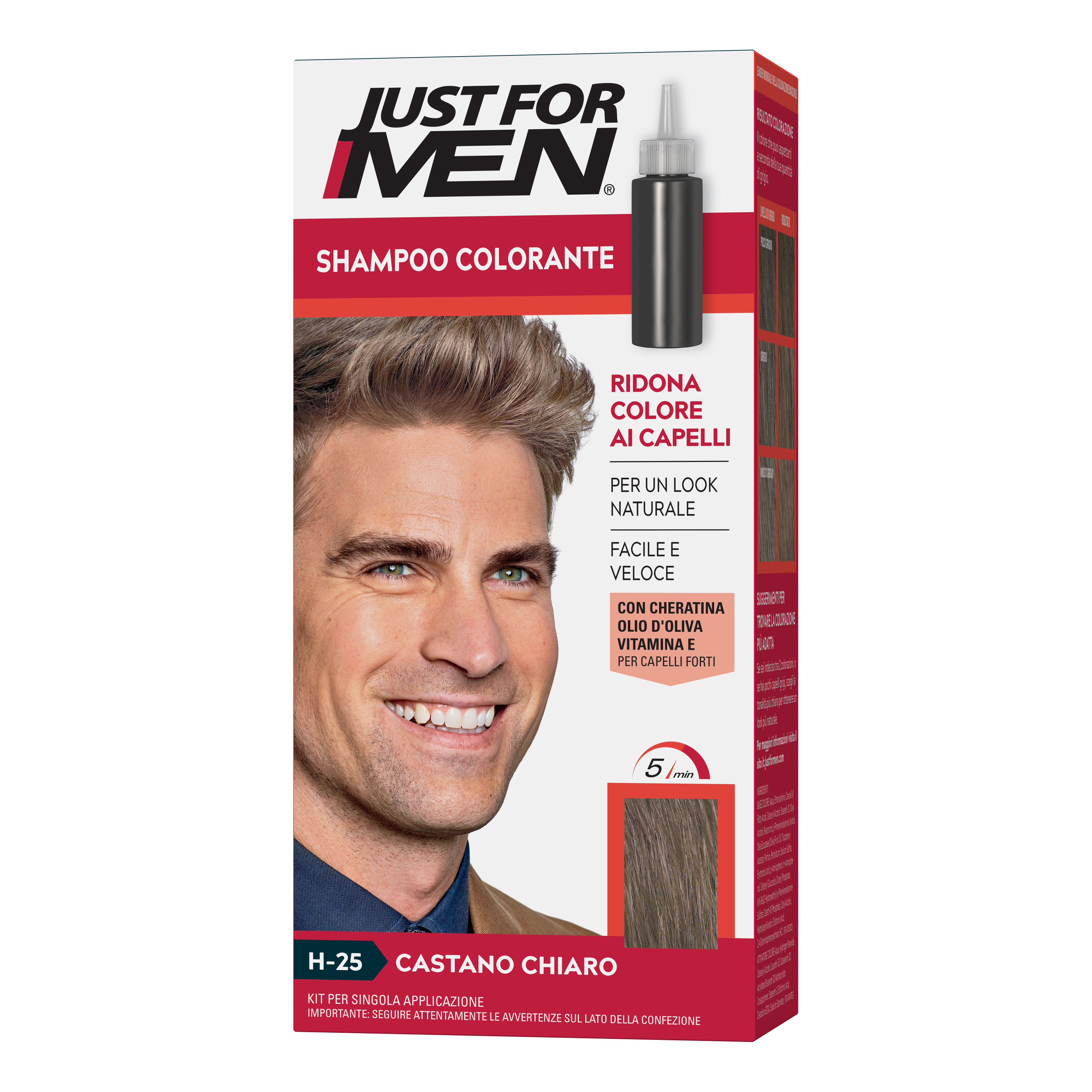 Just for men shampoo colorante h25 castano chiaro attivatore chiaro 38,5 ml + base colore 27,5 ml