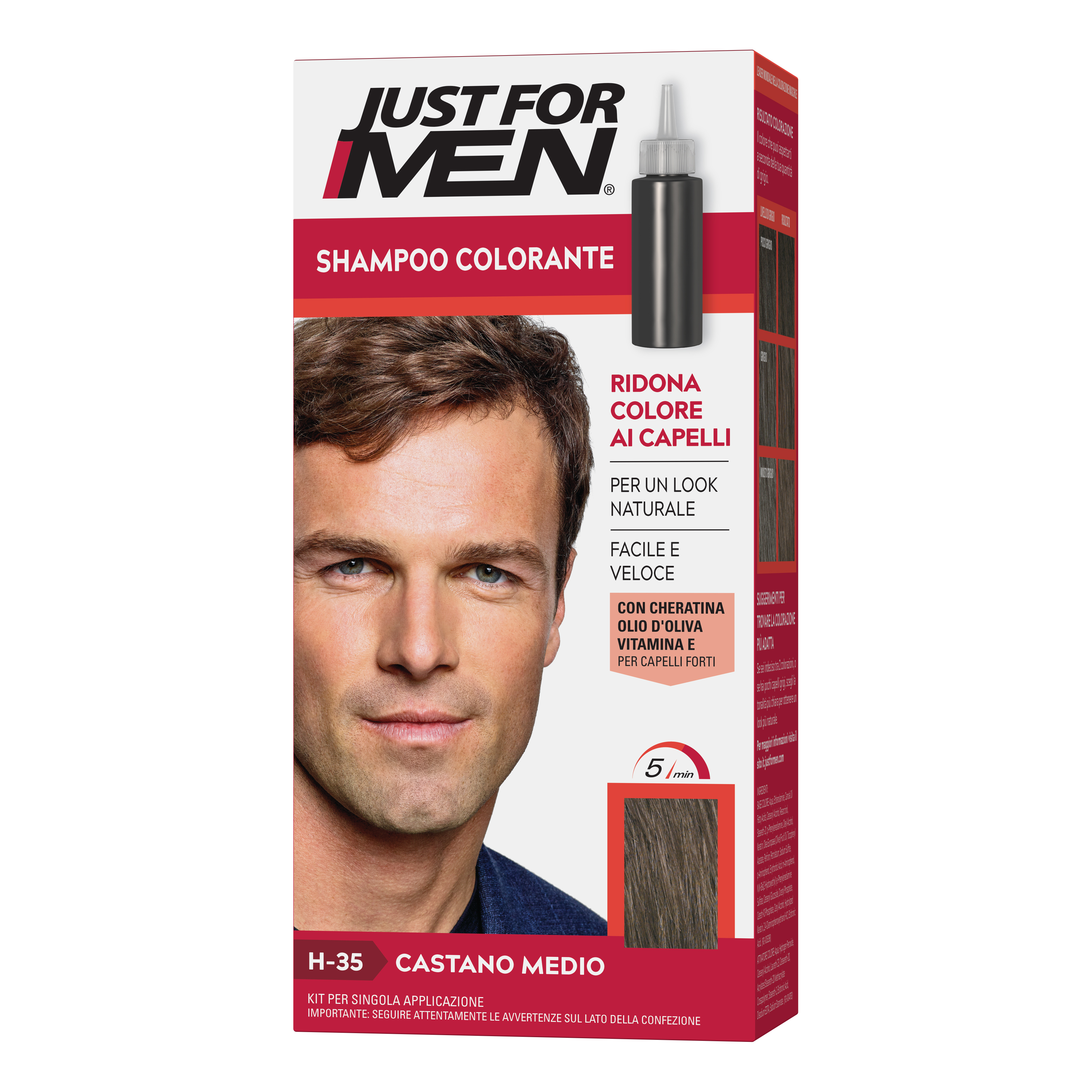 Just for men shampoo colorante h35 castano medio attivatore chiaro 38,5 ml + base colore 27,5 ml