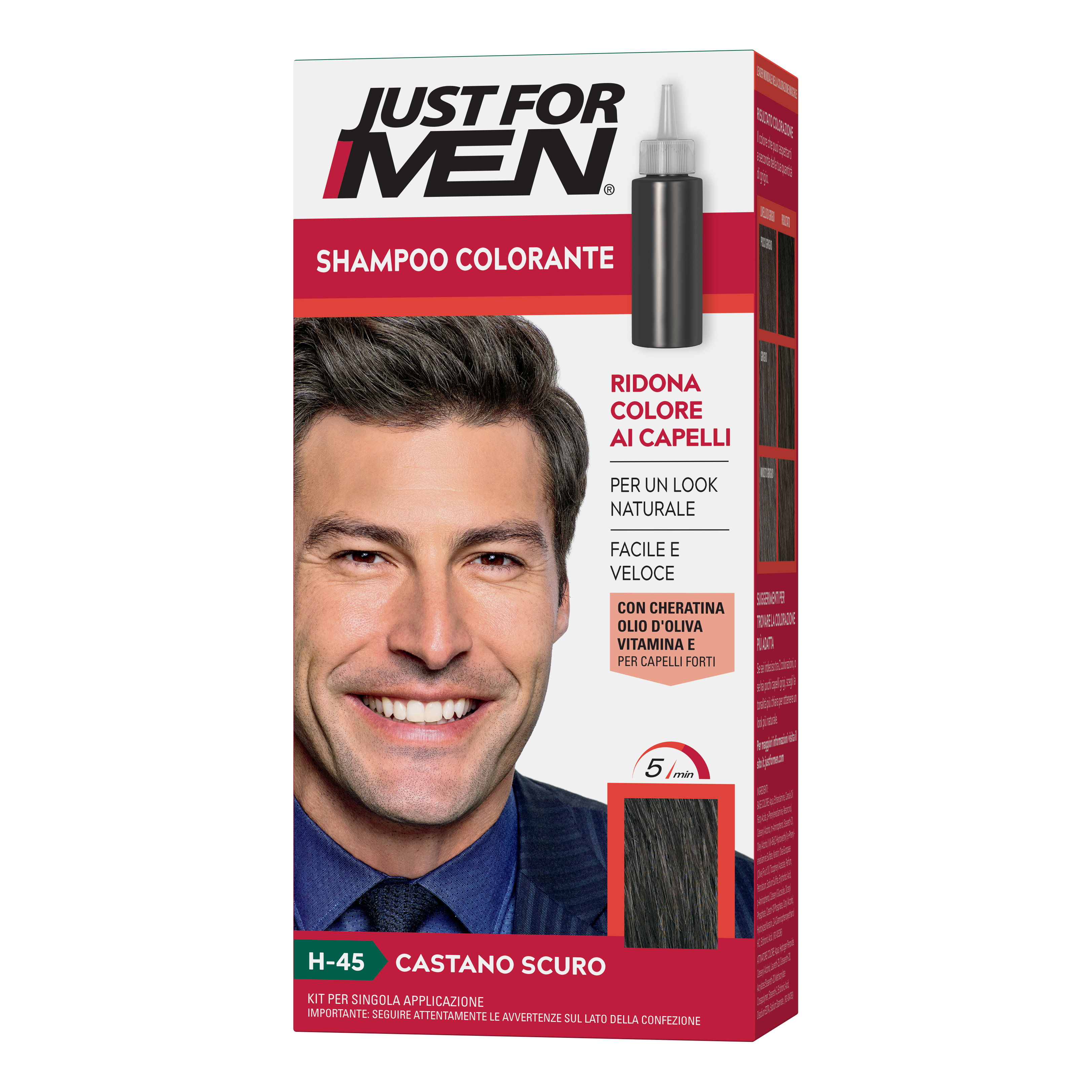 Just for men shampoo colorante h45 castano scuro attivatore chiaro 38,5 ml + base colore 27,5 ml