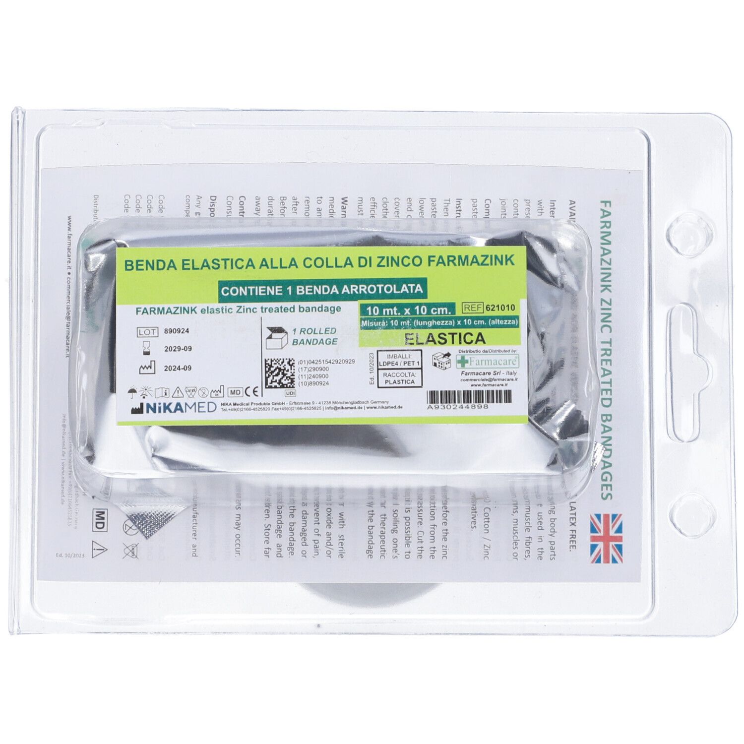 Farmacare Benda Medicata elastica con Ossido di Zinco cm10x10m 1 Pezzo