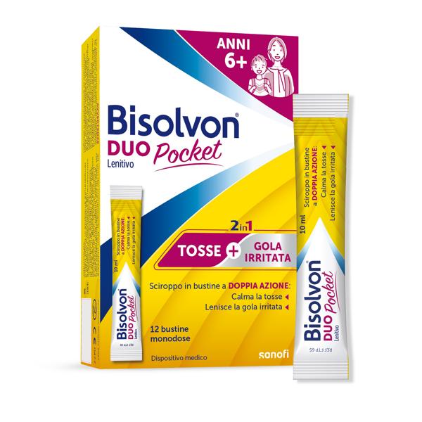 Bisolvon Duo Pocket Sciroppo Tosse Secca e Grassa 12 Stick Adulti e Bambini 6+ Gola Irritata