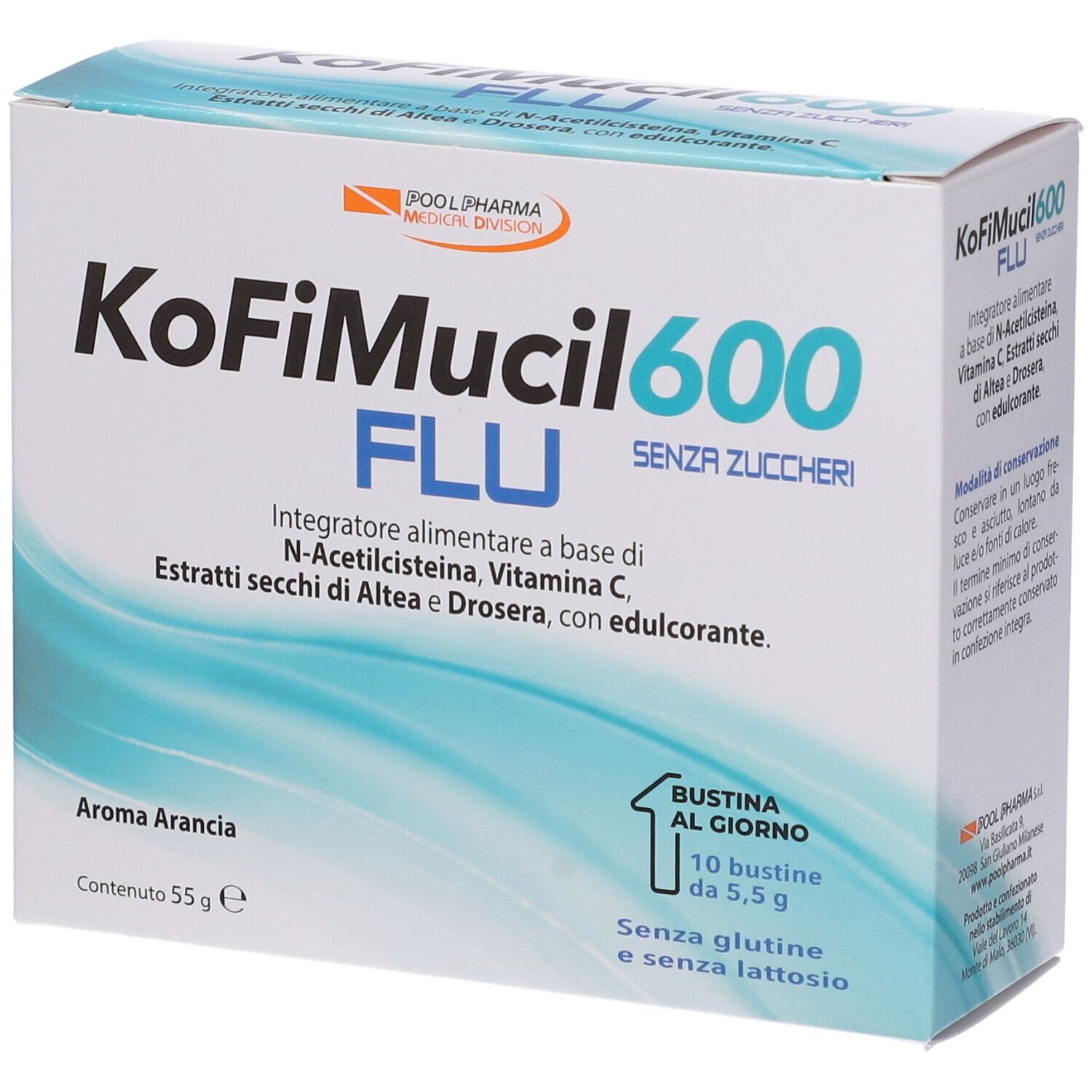 Pool Pharma KoFiMucil 600 Flu Integratore Tosse e Raffreddore gusto Arancia, 10 bustine