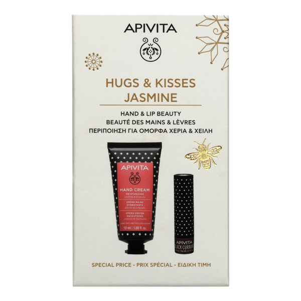 Apivita Cofanetto regalo HUGS & KISSES JASMINE con Crema Mani Idratante al Gelsomino 50 ml+ Balsamo Labbra Ribes Nero 4,4 g