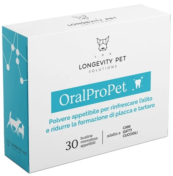 Longevity Pet OralProPet 30 Bustine di Polvere per Rinfrescare l'Alito e Ridurre Placca e Tartaro in Cani e Gatti