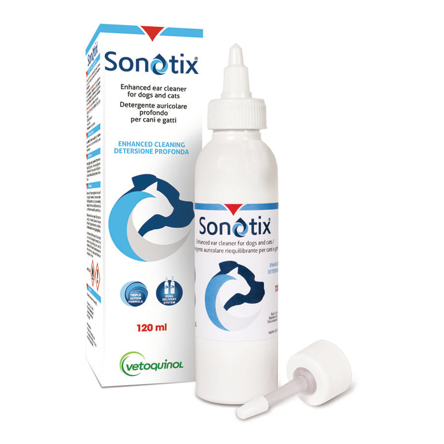 Sonotix detergente auricolare profondo cani e gatti flacone 120 ml + cannula corta rigida + cannula lunga flessibile