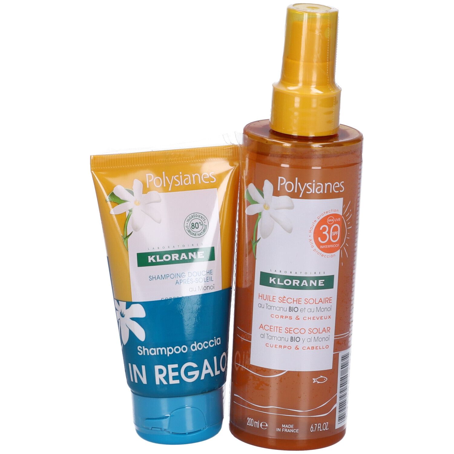 Klorane Olio Secco Solare Spray + Shampoo Doccia Doposole al Monoi in OMAGGIO 1 pz Set