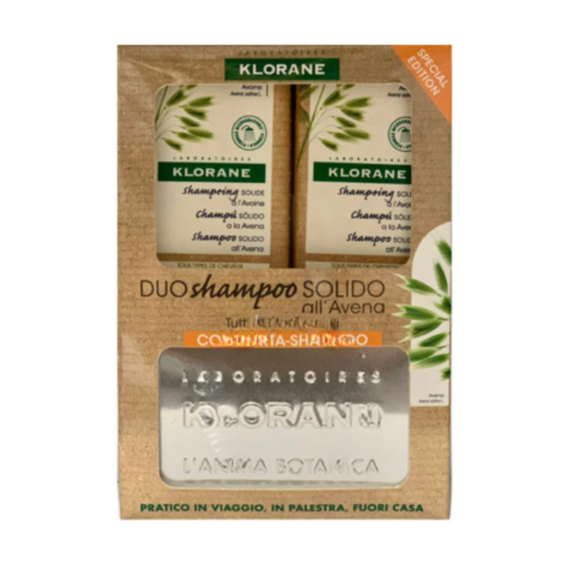 Klorane Duo Shampoo Solido Avena - Shampoo districante + Porta shampoo - 2 x 80 g - Edizione speciale