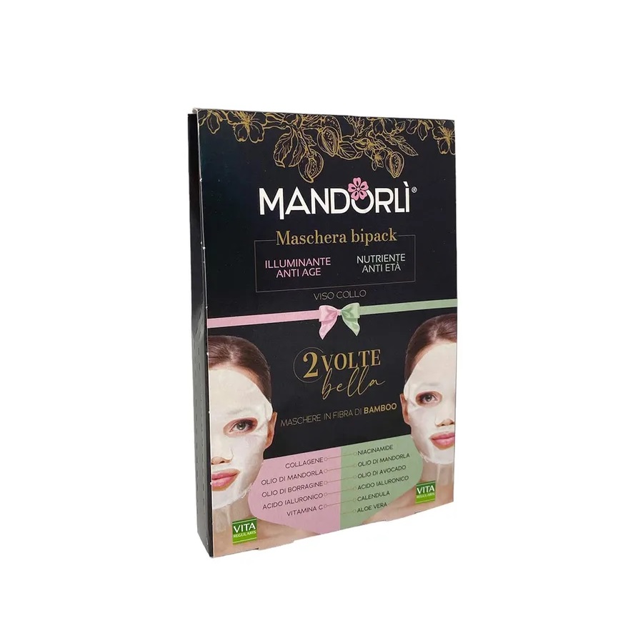 Mandorlì Maschera In Fibra Di Bamboo Bipack Illuminante Anti-age + Nutriente Anti-età Viso-collo 1 + 1 Pezzo
