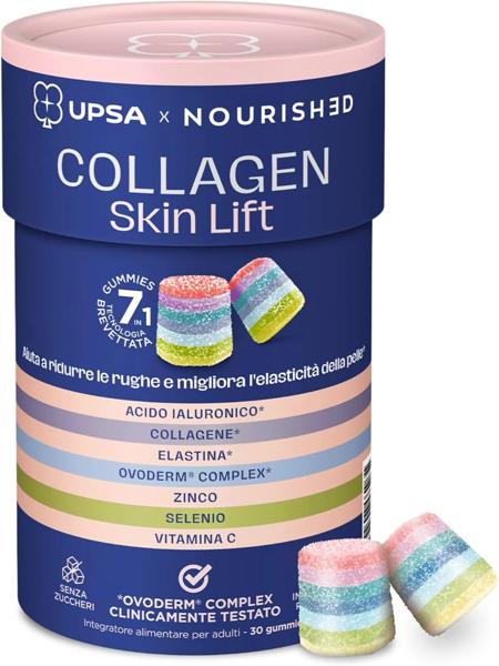 UPSA Collagene Acido Ialuronico Elastina 30 Gummies Integratore Skin Lift Gusto Frutta